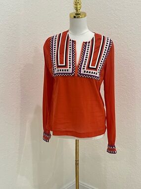 Tory Burch Orange Embroidered Yoke Long-Sleeve Blouse